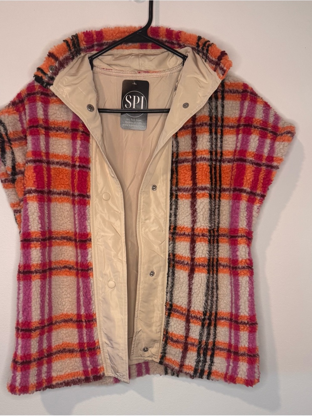 Viola Plaid Sherpa Vest, Size Small, Orange & Pink